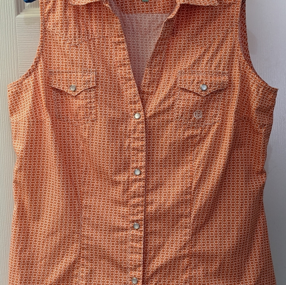 Roper orange print sleeveless pearl snap blouse M - Picture 6 of 7
